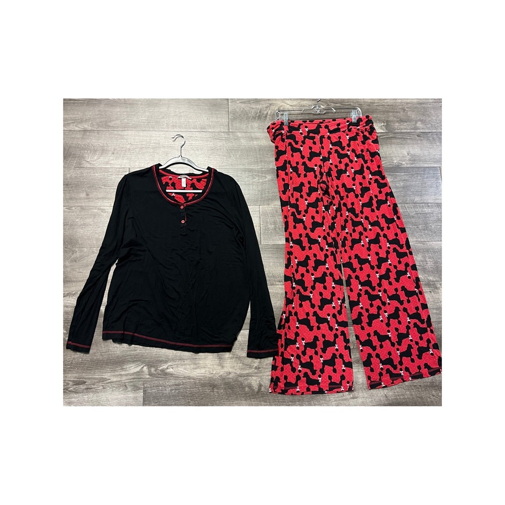 Soma Pajama Set Women's Large Black Henley Top Red French Poodle Print